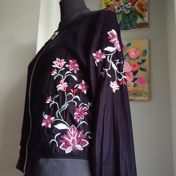 A.N.A. Rose Embroidery Velvet Bomber Jacket Size L - Picture 8 of 13